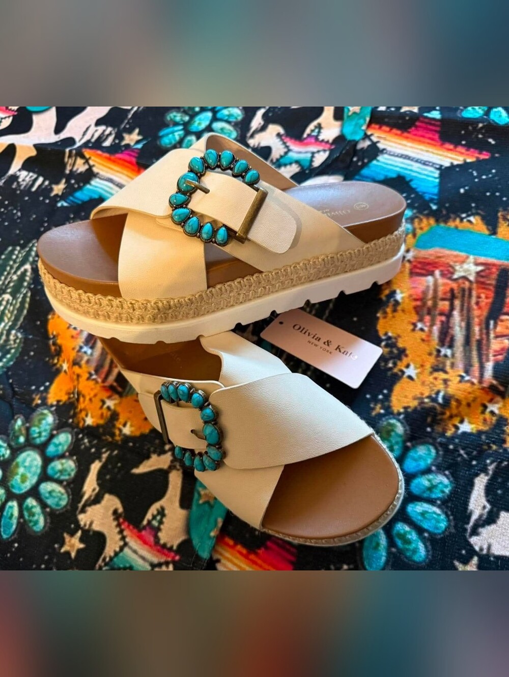 Cream Crossband Sandals with Turquoise Concho Buckle